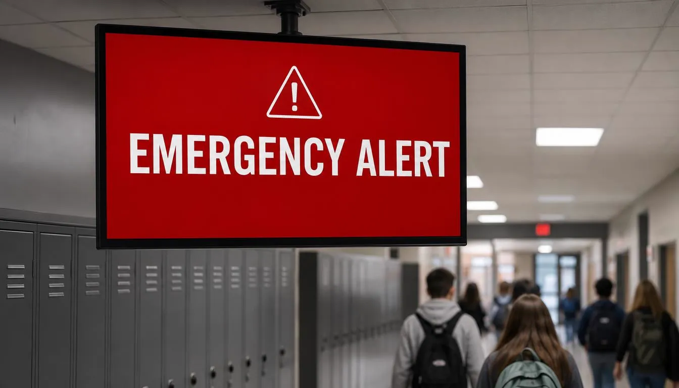 Ceiling-mounted screen in a school hallway displaying a red emergency alert message to students