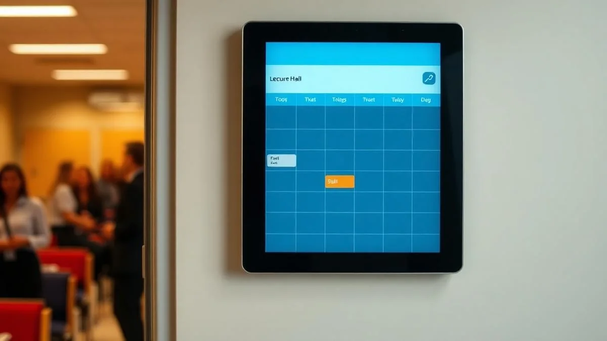 Digital room schedule display mounted on the wall outside a university lecture hall