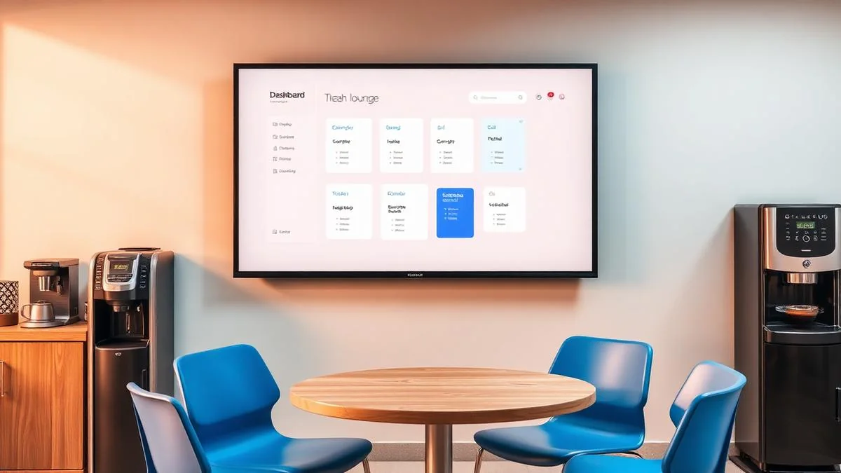 Wall-mounted screen in a school faculty lounge showing internal staff announcements and schedules