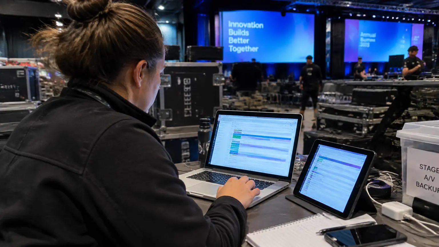 Event organizer updating digital event signage schedules from a laptop and tablet during show setup