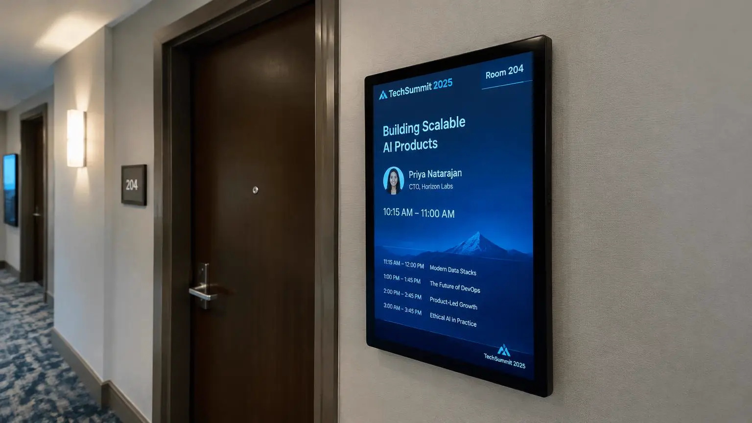 Digital event display board outside a breakout room showing the session title, speaker and schedule