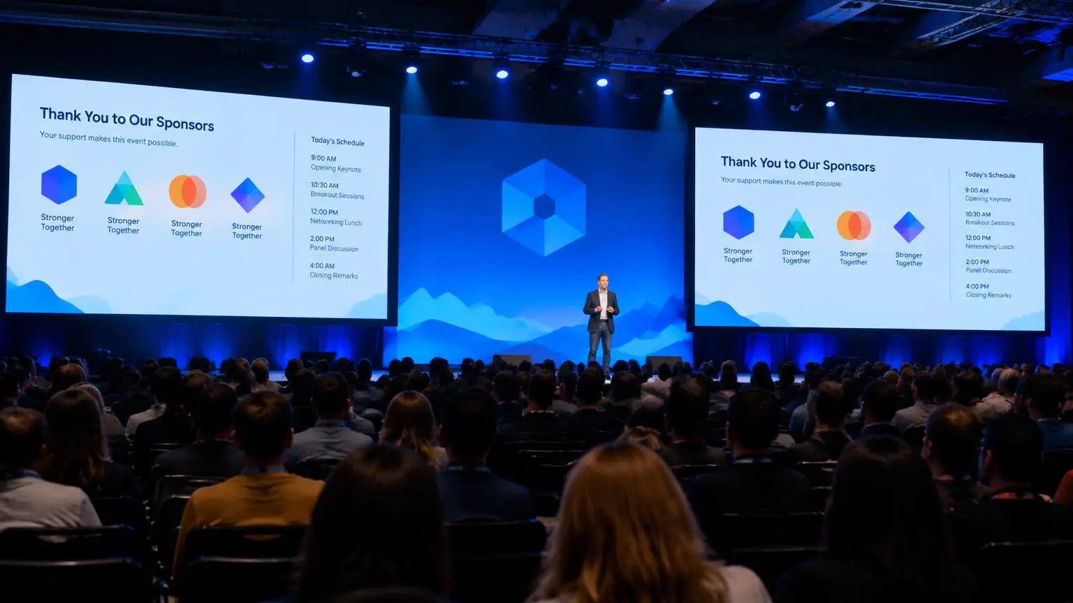 Keynote stage screens showing sponsor recognition and the event schedule