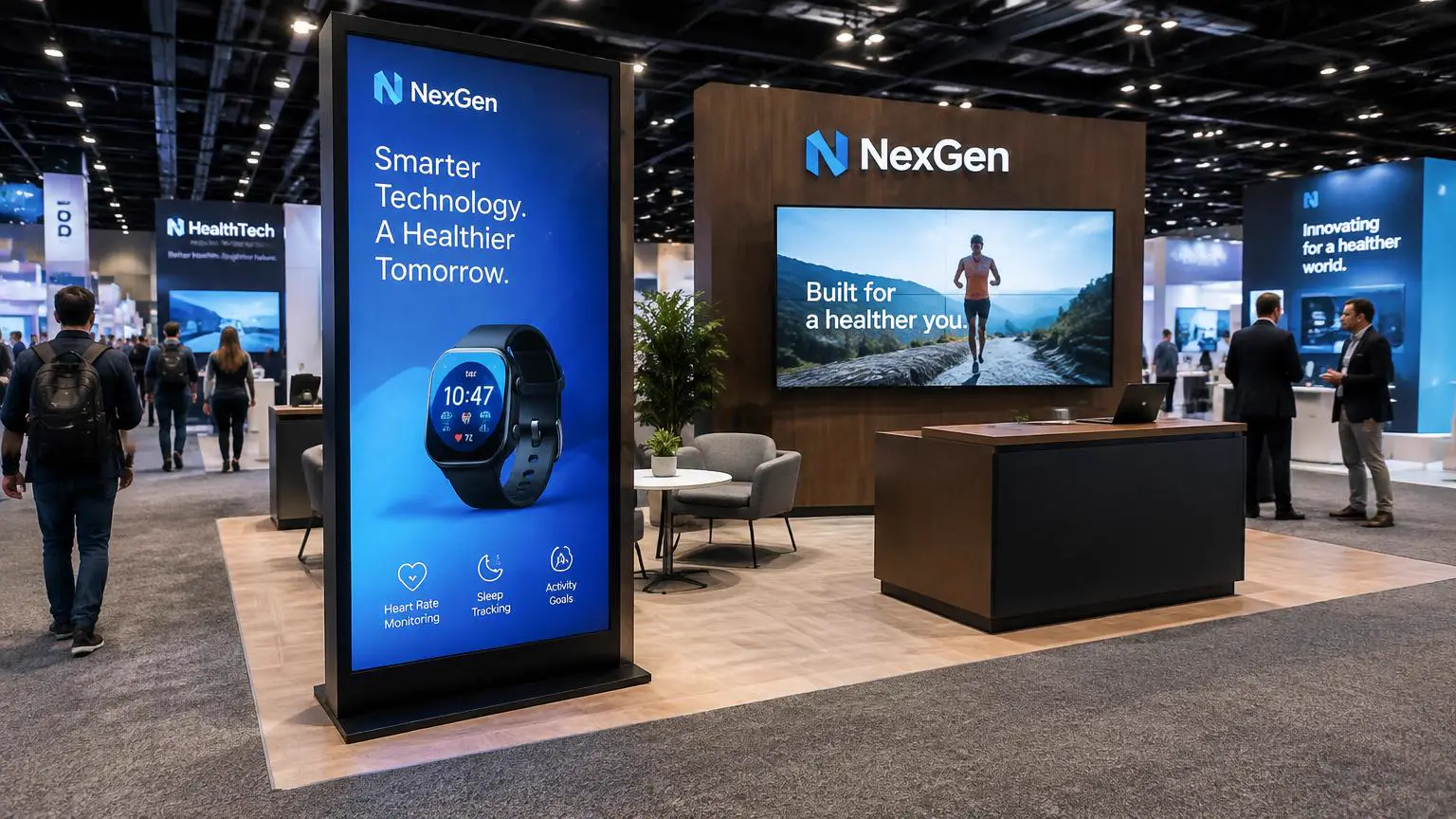 Trade show booth digital signage with portrait and landscape product screens