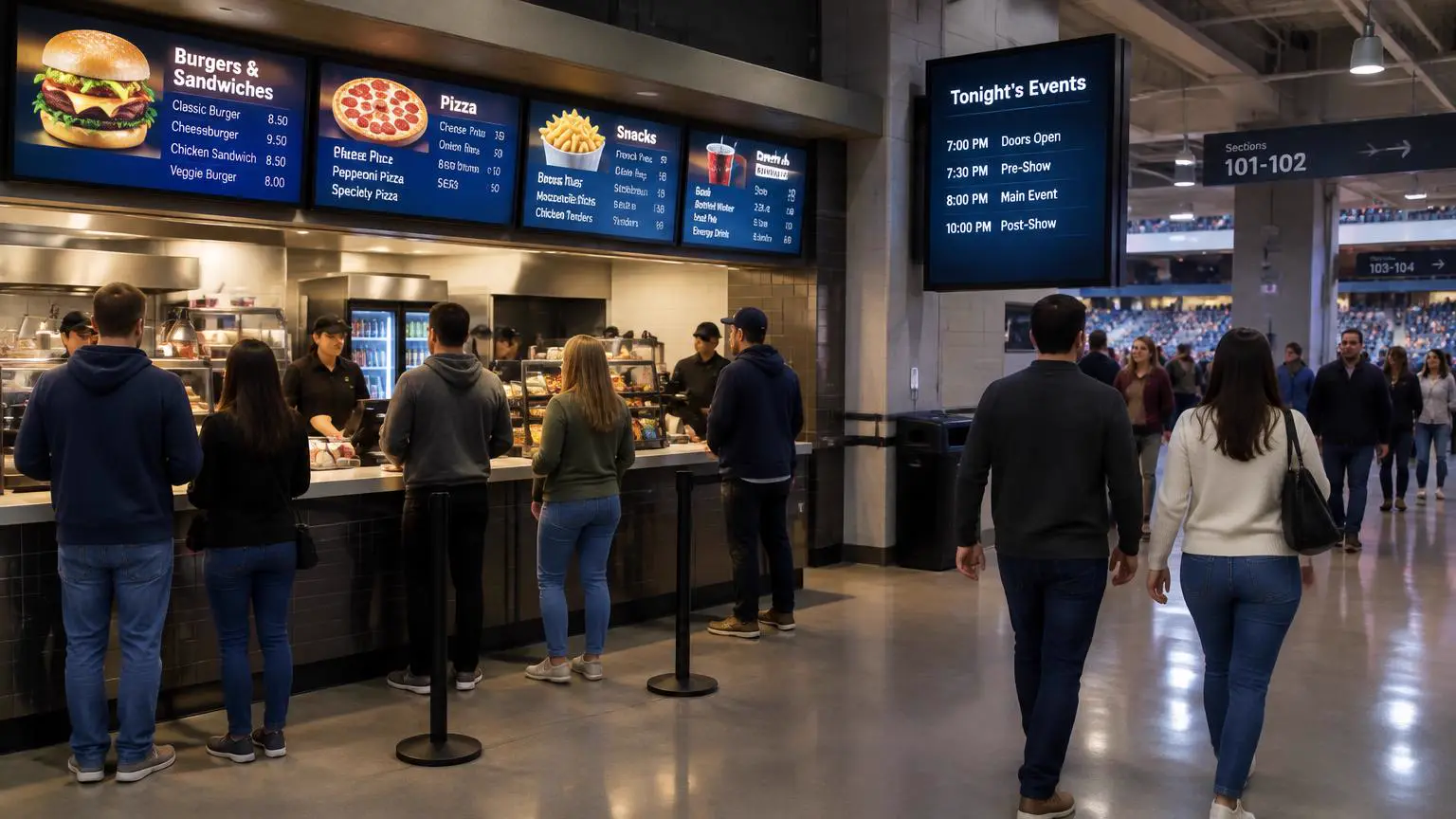Arena concourse with digital menu boards above a concession stand and a tonight’s events screen