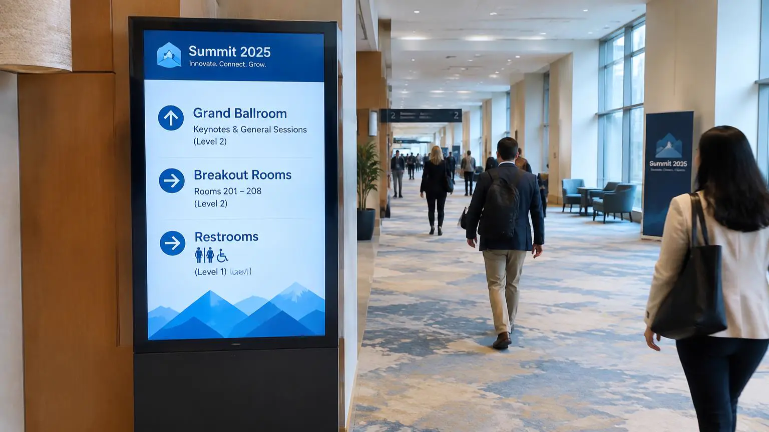 Convention center digital wayfinding screen pointing attendees to the ballroom and breakout rooms