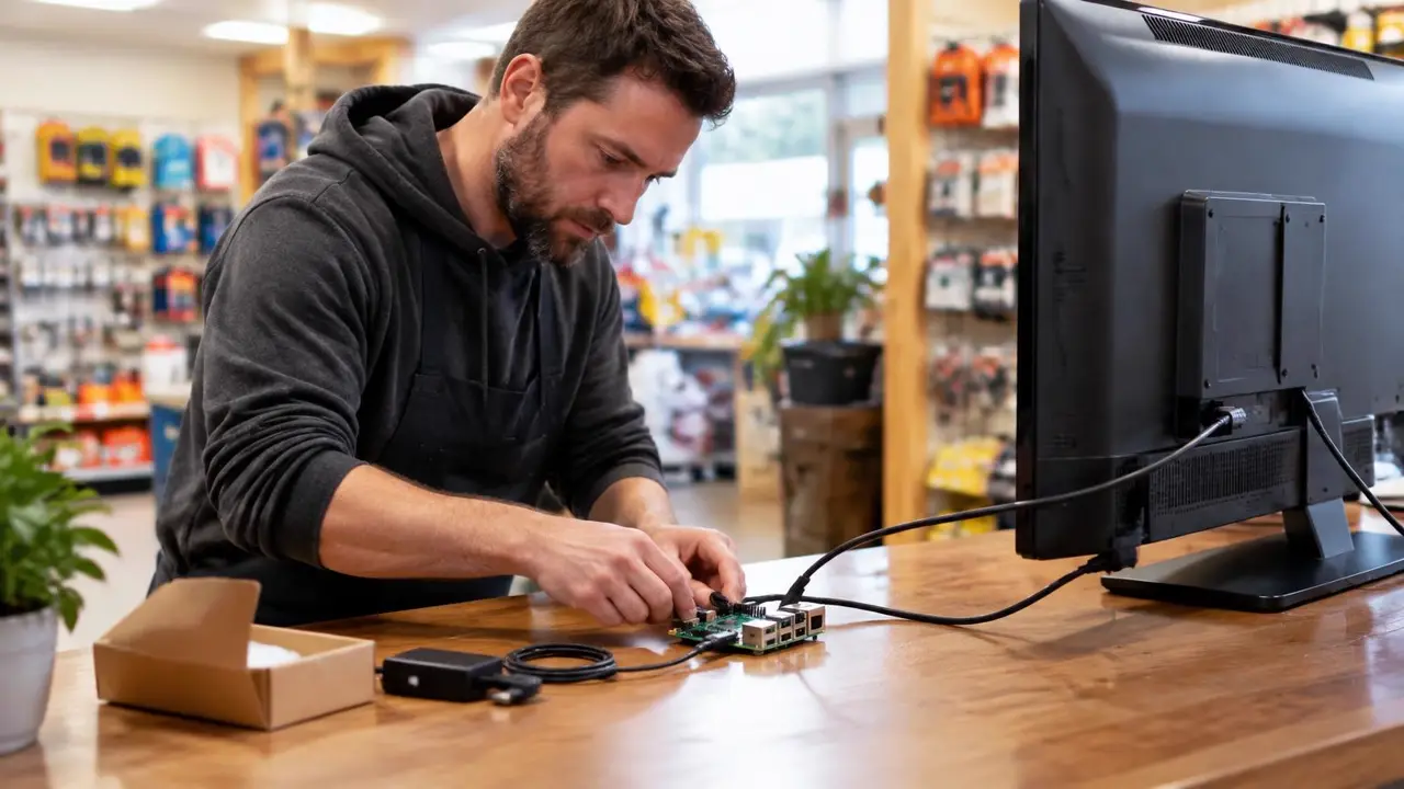Store owner connecting a small computer to a screen for a do-it-yourself digital signage setup