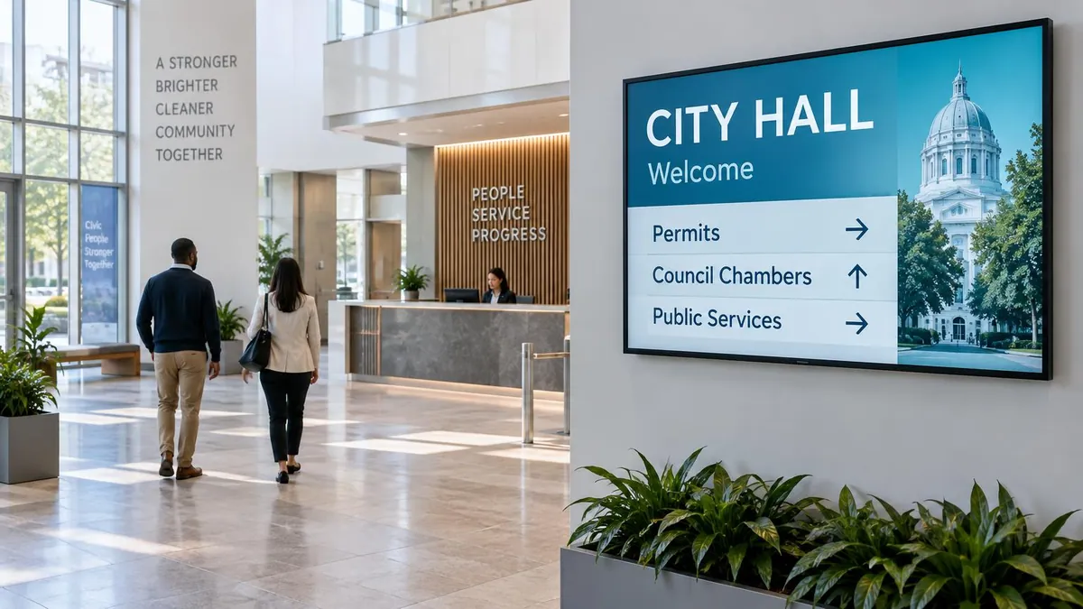 Illustrative city hall lobby with a digital welcome screen and directions to permits, council chambers and public services