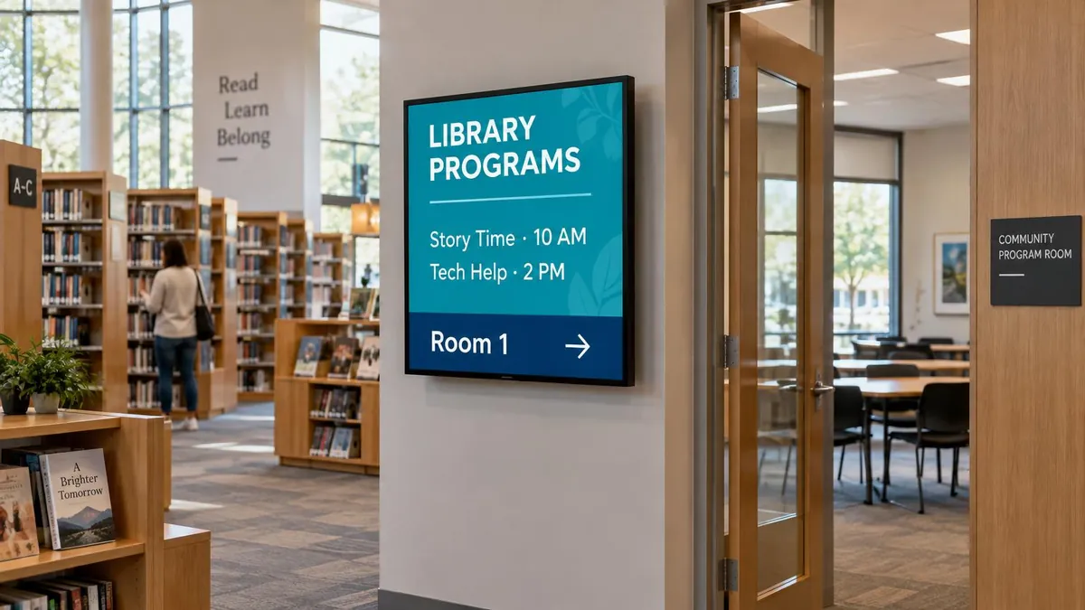 Digital library program screen showing story time and tech help beside a community room