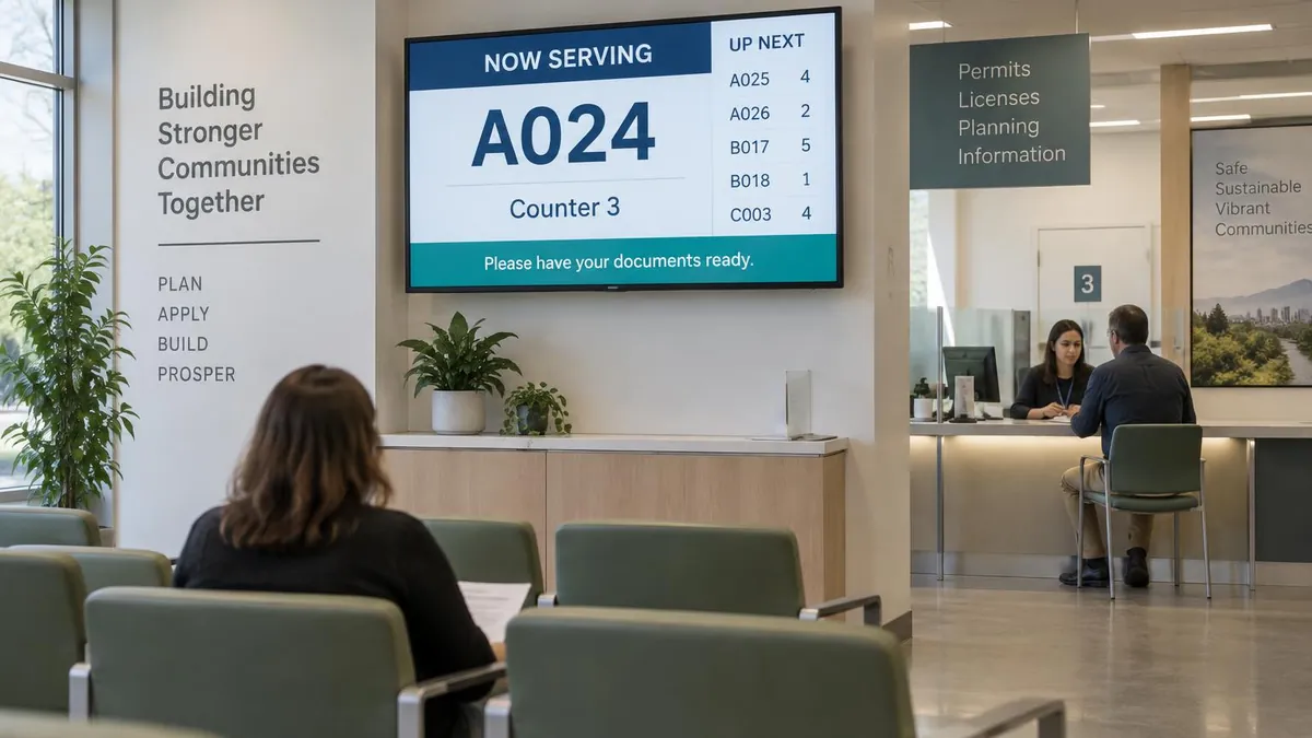 Digital signage showing ticket A024 at counter 3 in a municipal permit office
