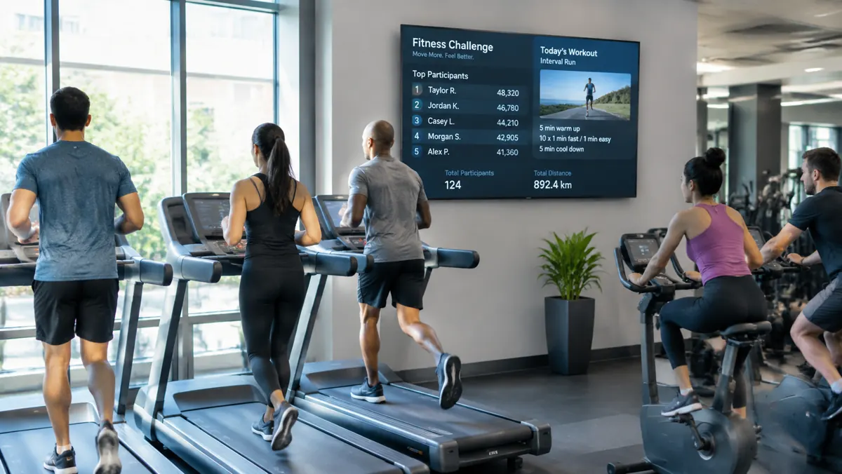 Gym cardio area with a digital fitness challenge leaderboard above treadmills and exercise bikes
