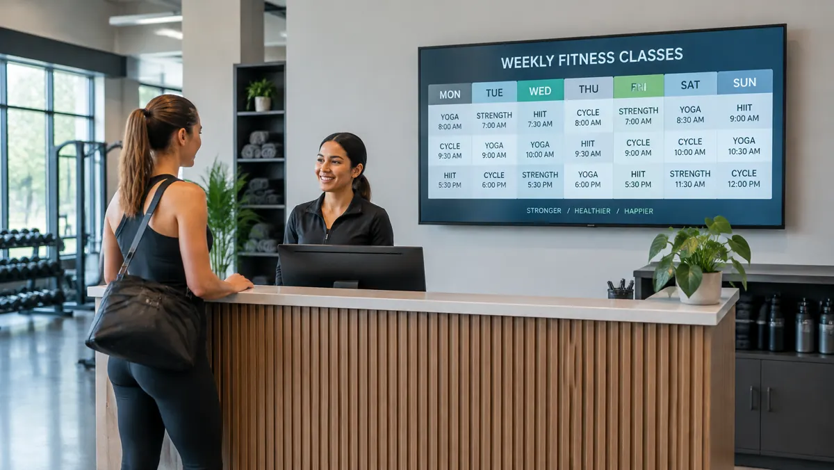 Gym reception with a wall-mounted digital screen showing the weekly fitness class schedule