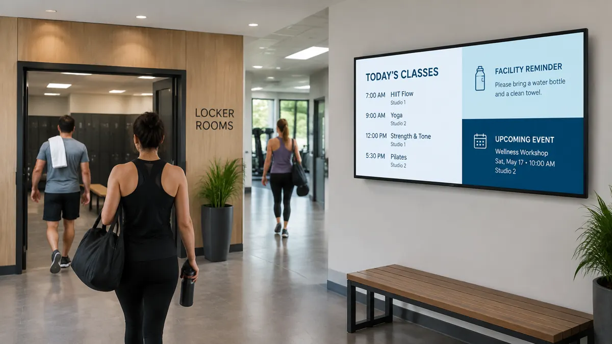 Gym hallway near locker rooms with a digital announcement screen showing classes and facility reminders
