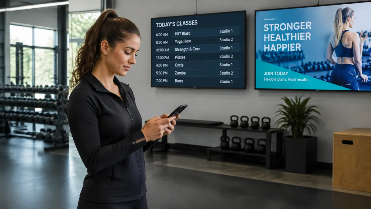 Fitness studio manager updating class schedules and membership promotions from a phone on the gym floor