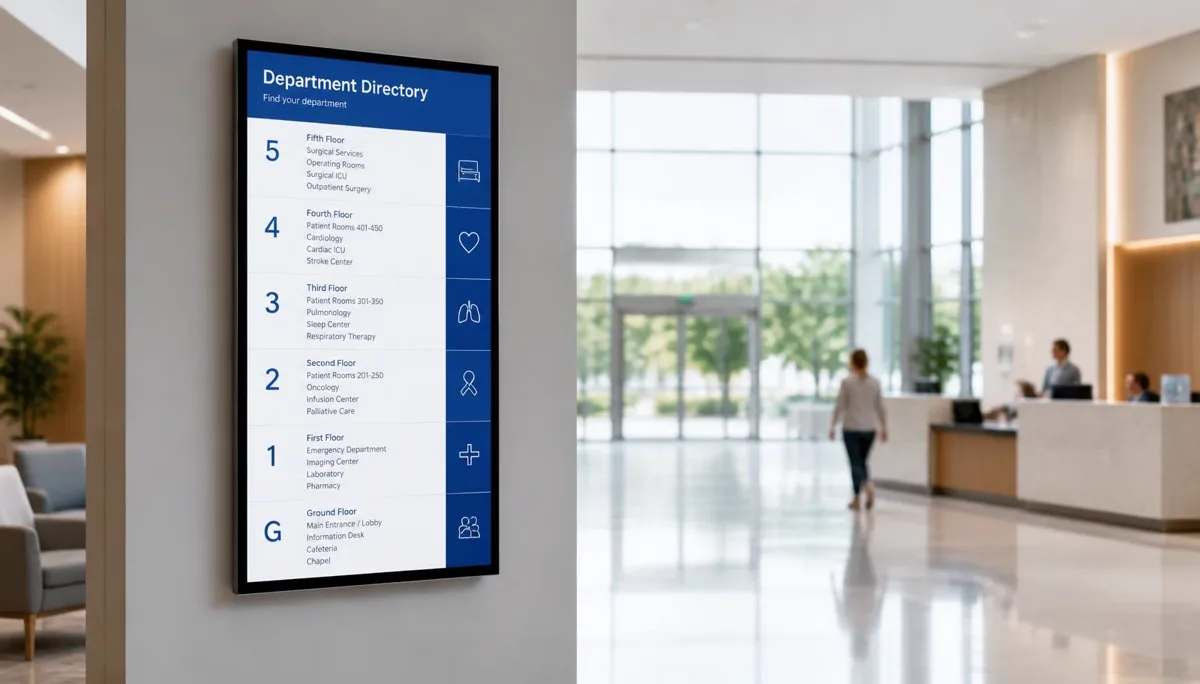 Digital department directory screen in a hospital lobby listing departments by floor