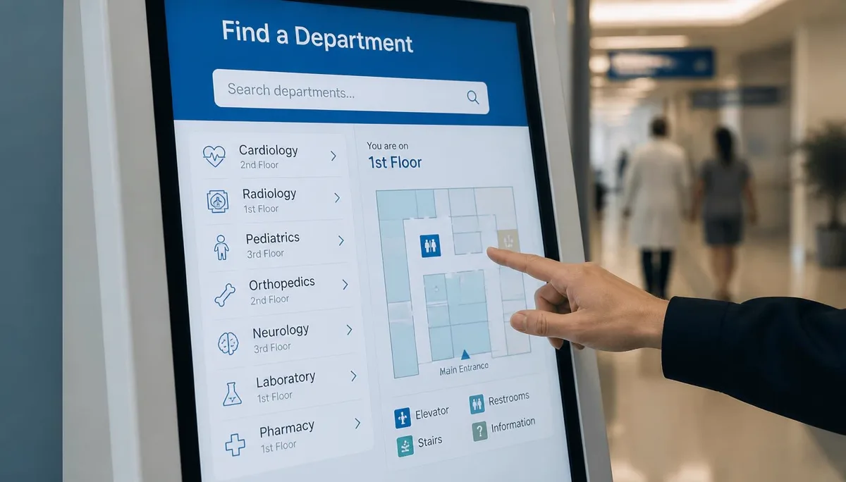 Close-up of a hospital touch screen wayfinding kiosk showing a department search and floor map