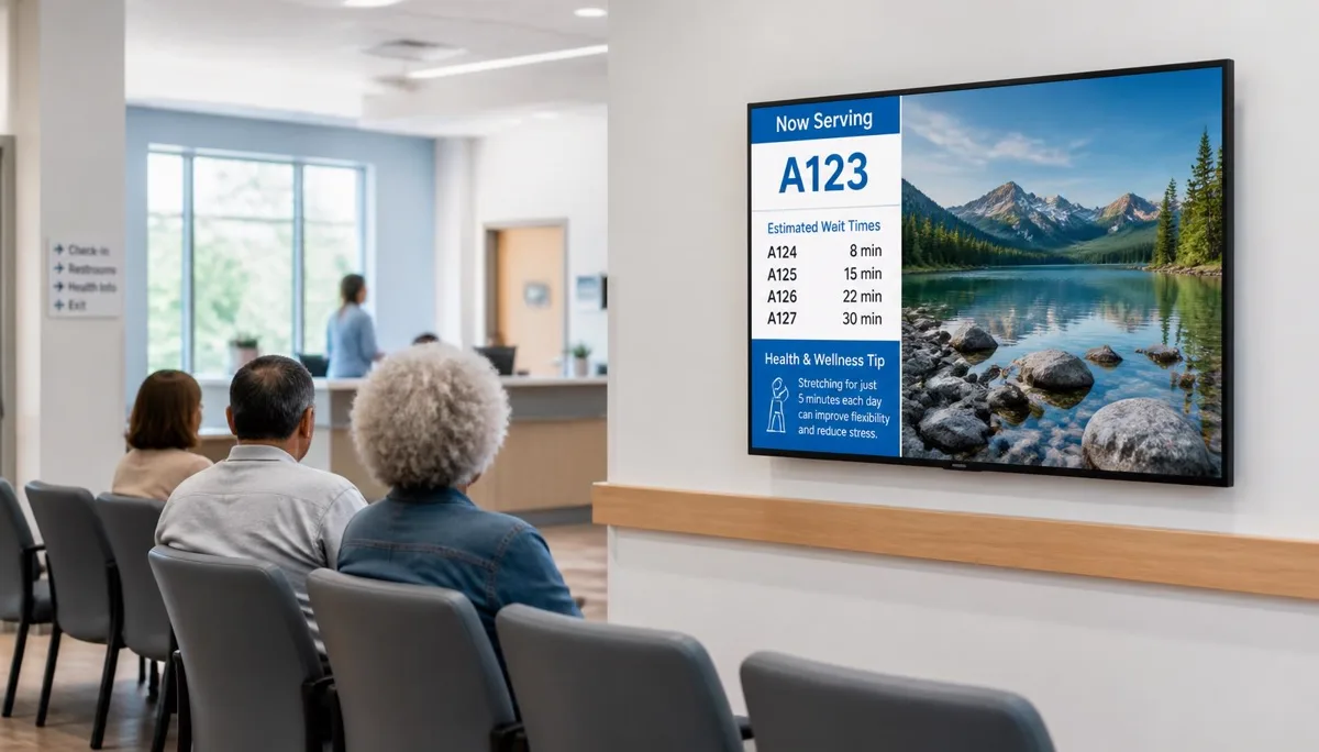 Clinic waiting room screen showing now-serving queue numbers, estimated wait times and a wellness tip