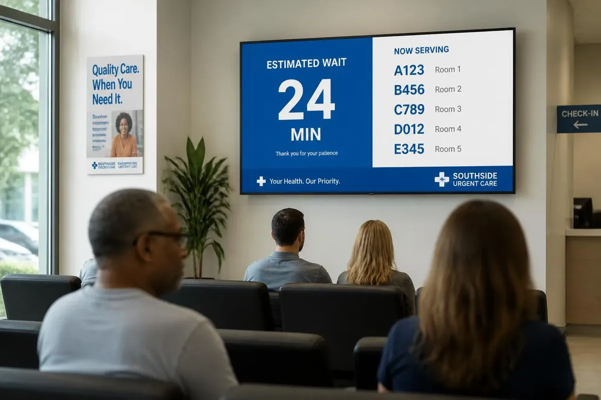 Urgent care waiting room screen showing an estimated wait time of 24 minutes and a now-serving list of ticket numbers