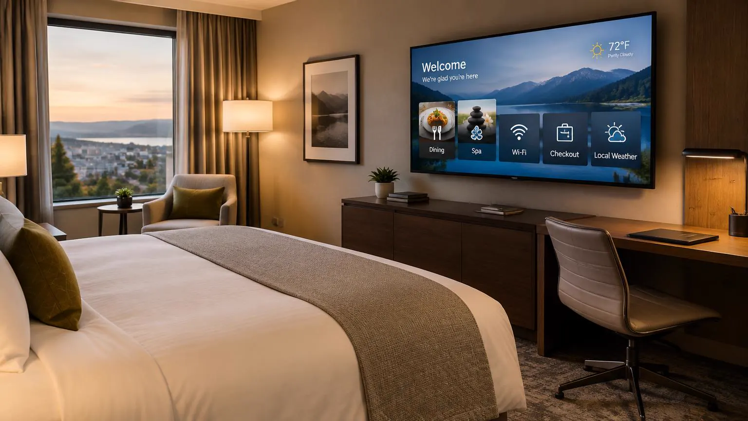 Hotel guest-room TV showing dining, spa, Wi-Fi, checkout and local weather information