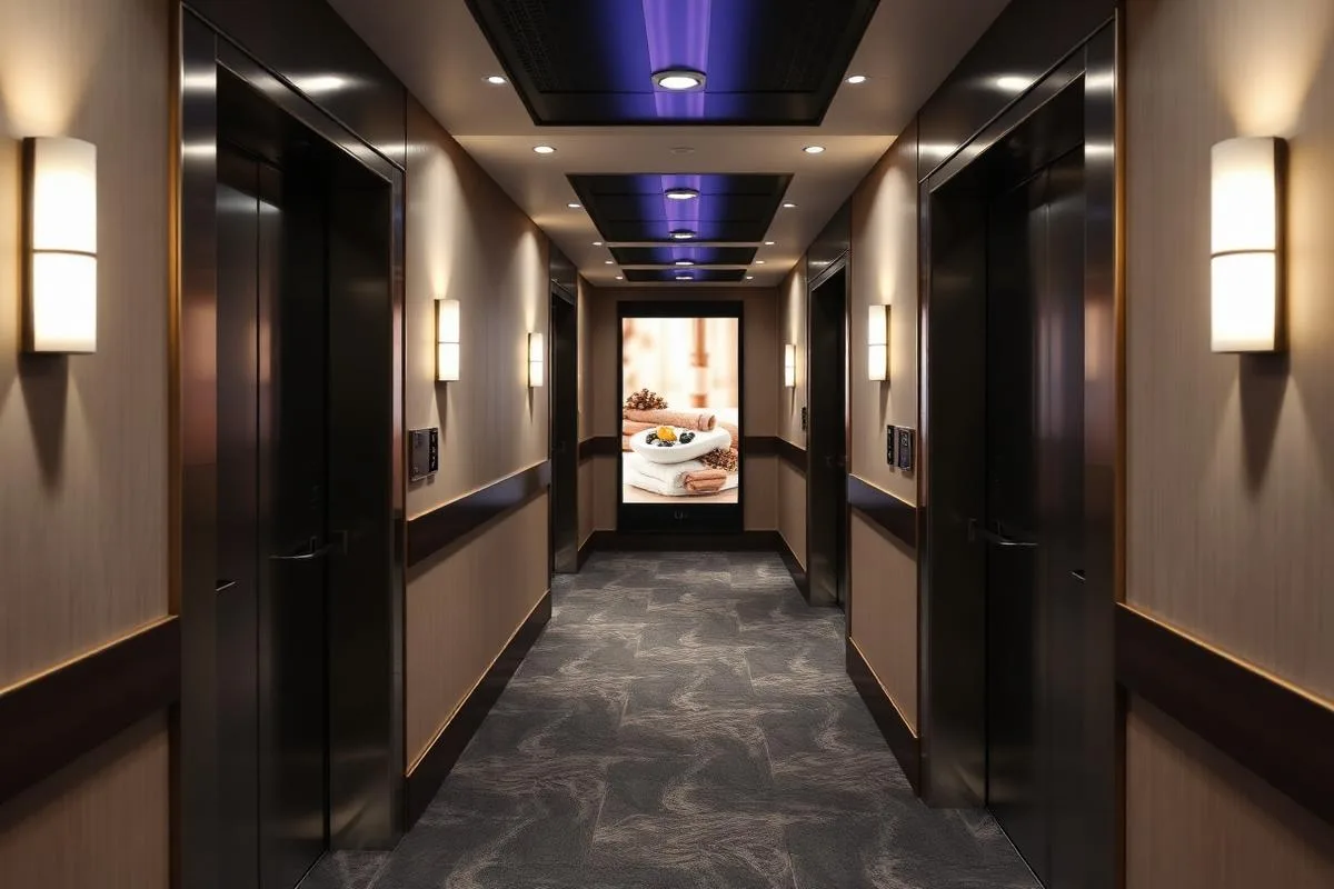Portrait screen in a hotel elevator lobby promoting the spa to waiting guests