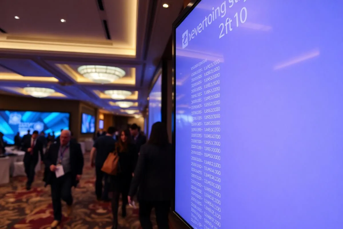 Digital event day board on a hotel conference floor listing meeting names, times and ballroom locations