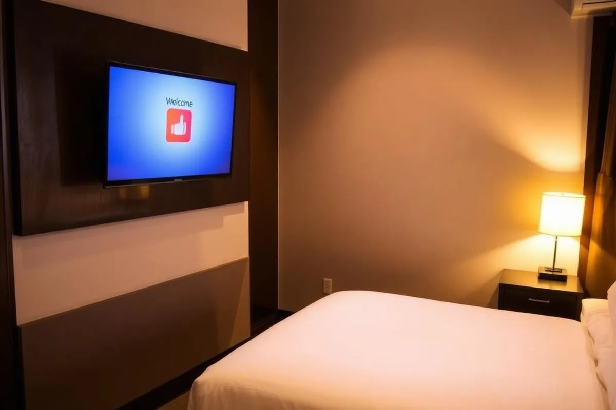 Hotel guest room TV displaying a branded welcome screen with property information