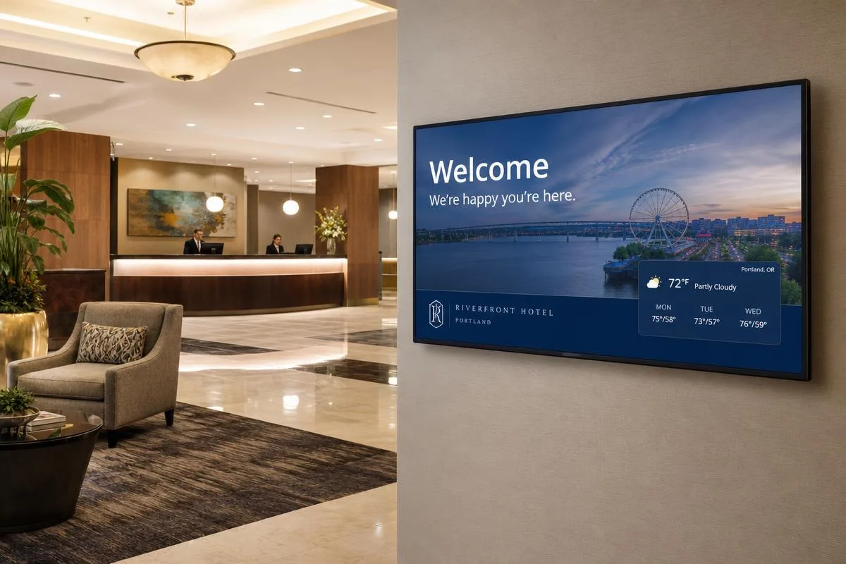 Digital welcome screen in a hotel lobby showing a branded guest welcome message and local weather