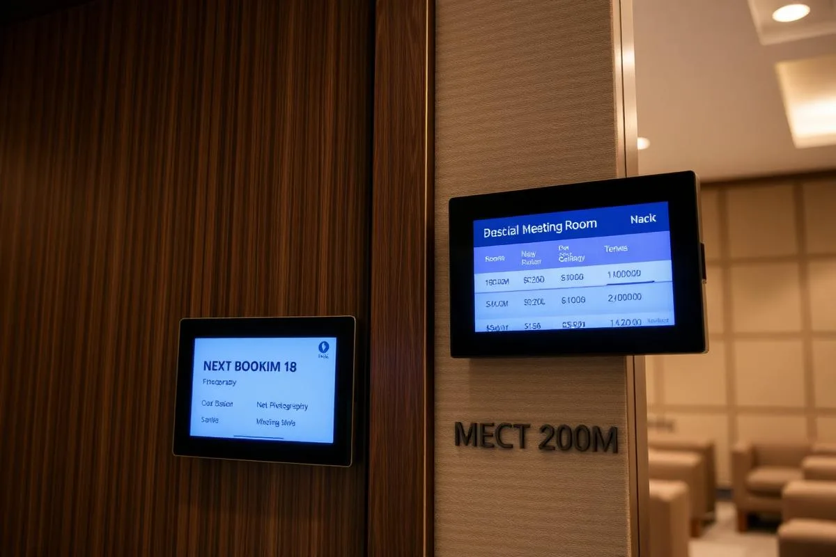 Small digital room signage panel outside a hotel meeting room showing the current session and next booking