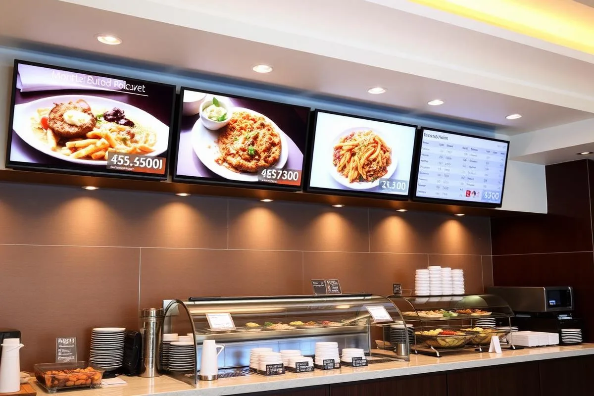 Digital menu boards above a hotel restaurant counter showing breakfast items and prices