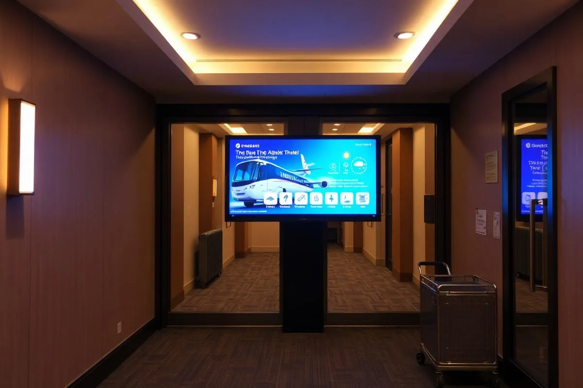 Hotel entrance screen showing airport shuttle departure times and local weather for arriving guests