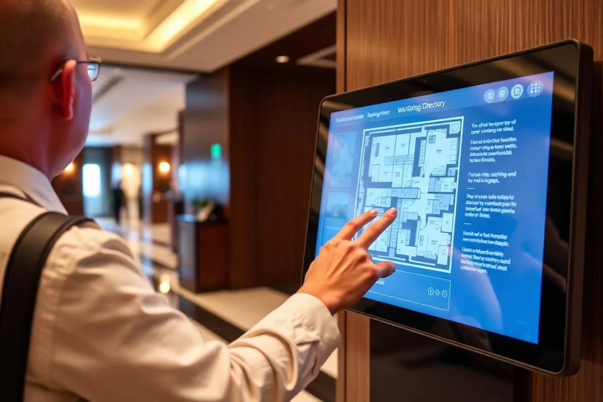 Guest using an interactive touch screen wayfinding directory in a hotel lobby to find a meeting room