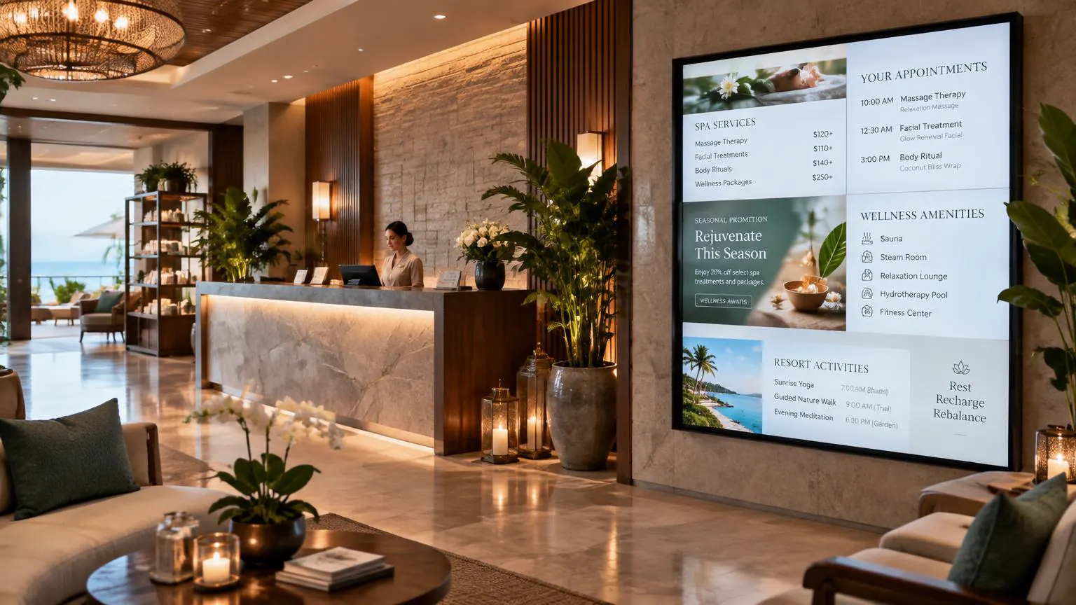 Resort spa and salon digital signage showing service menus, appointments, wellness amenities and activities