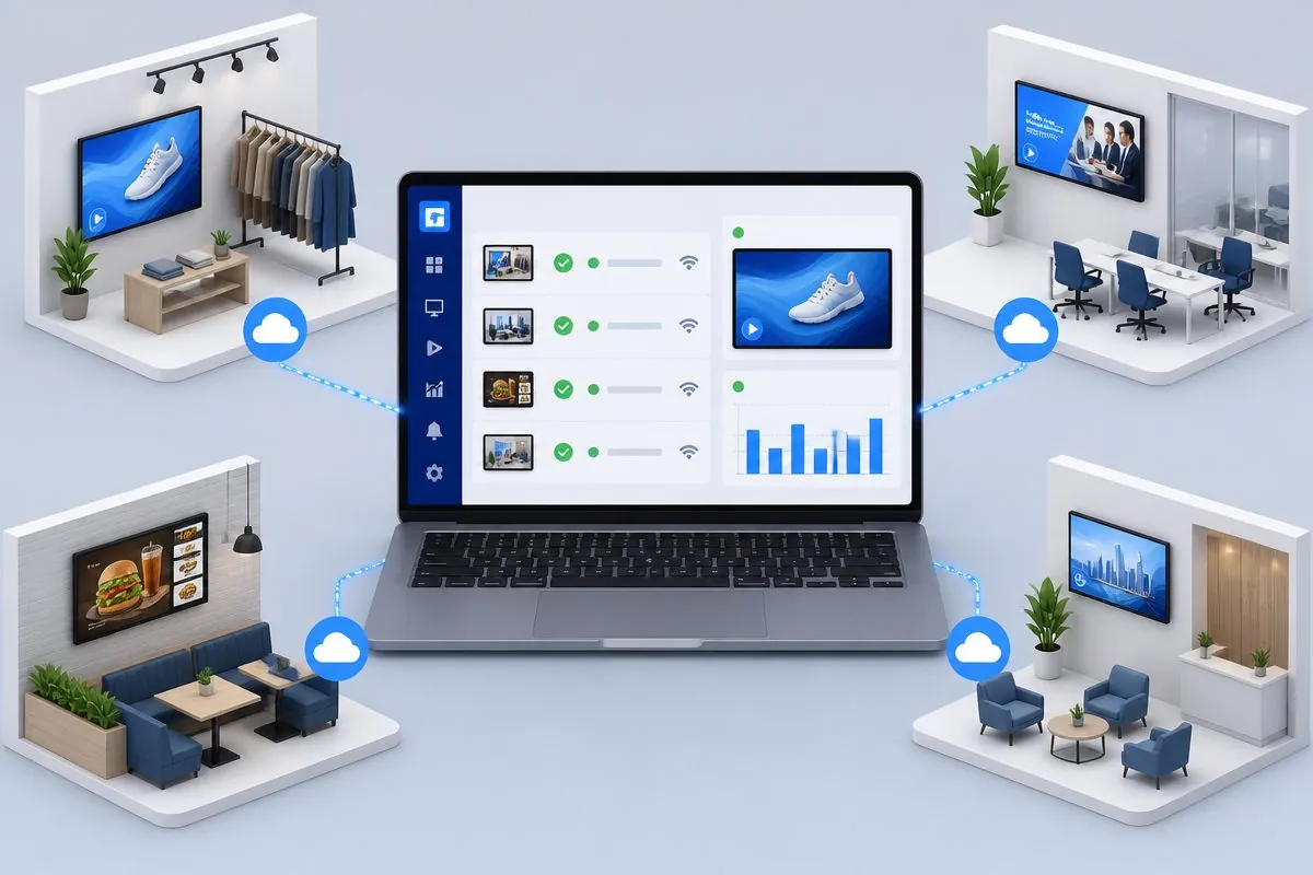 Illustration of a cloud dashboard monitoring digital signage screens across multiple locations