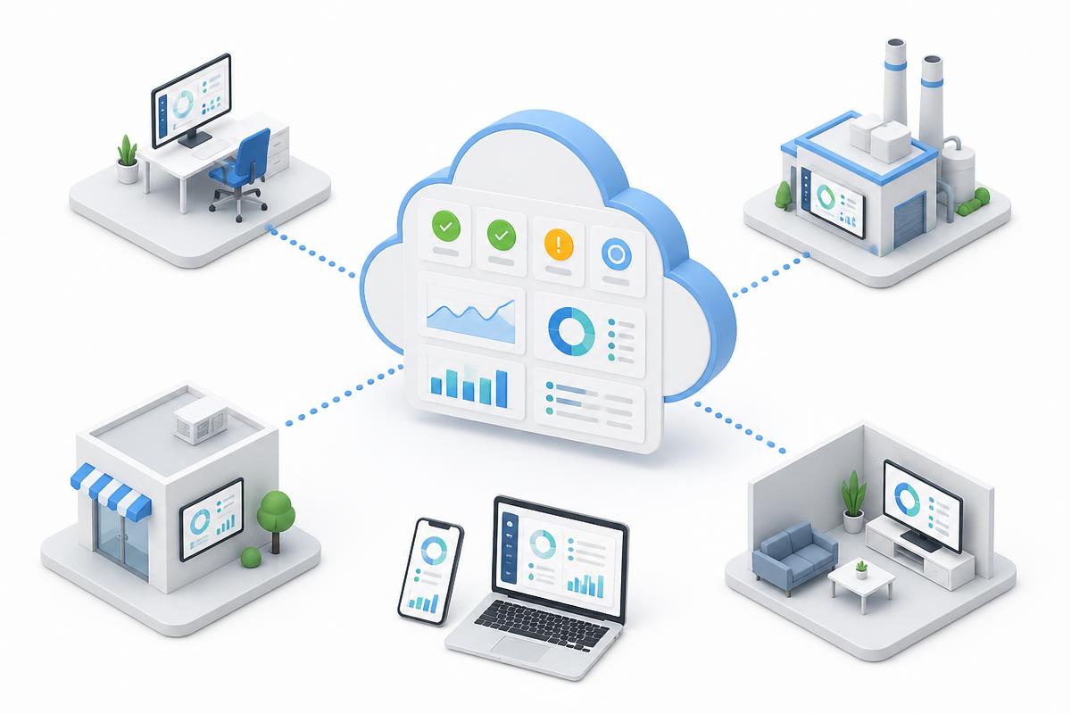 Illustration of a cloud dashboard monitoring digital signage screens across multiple locations