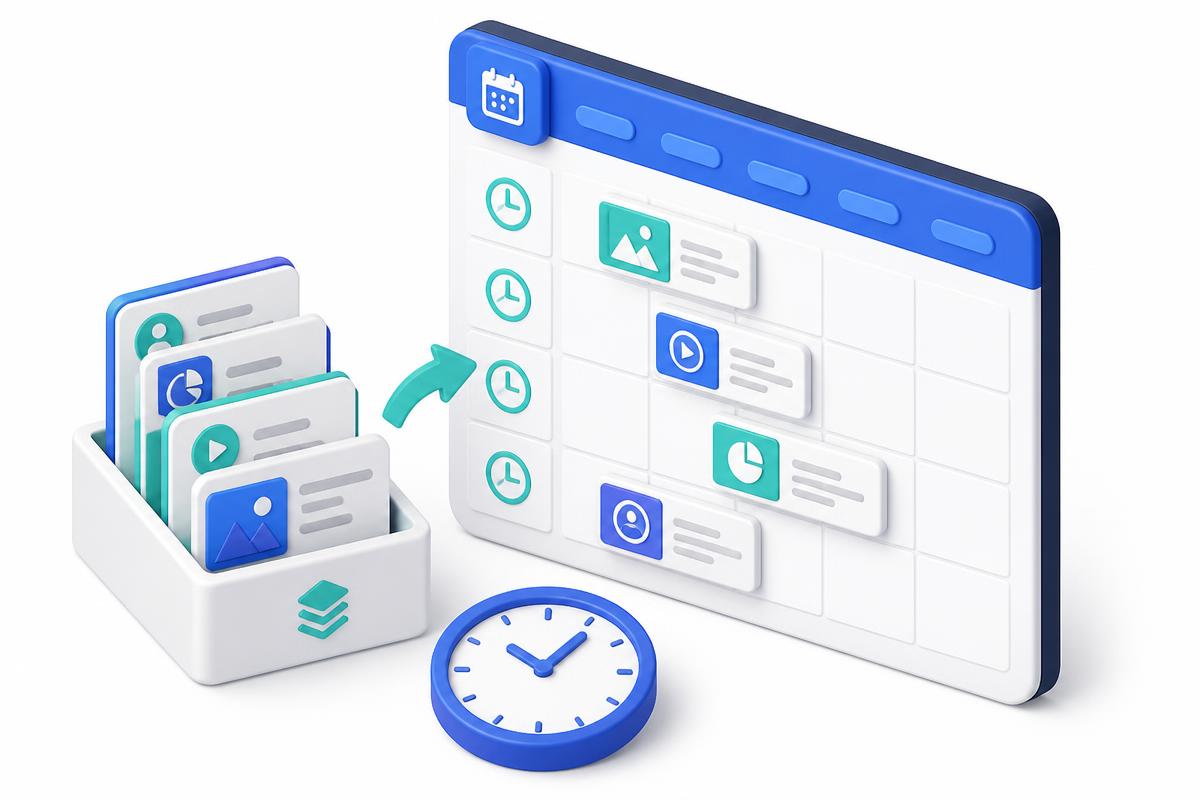 Illustration of digital signage content slides being scheduled into time slots on a weekly calendar
