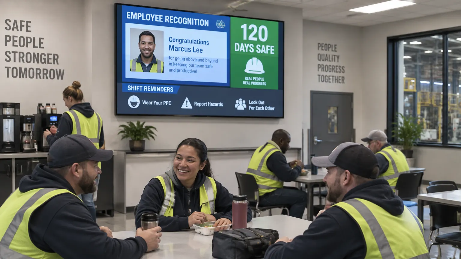 Factory breakroom digital signage showing employee recognition, safety milestones and shift reminders