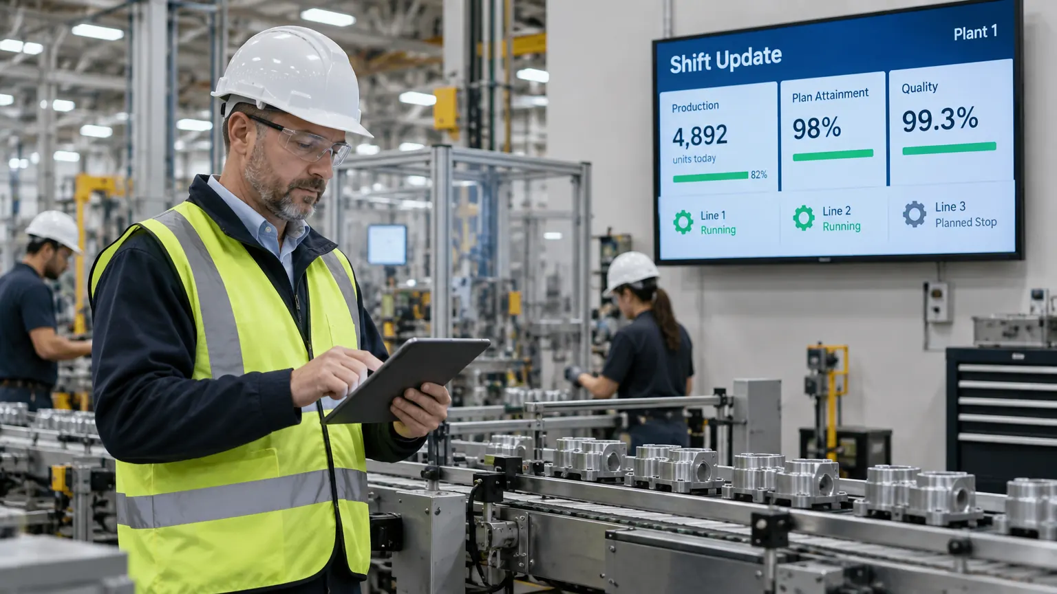 Plant manager updating a shift dashboard from a tablet beside the production line