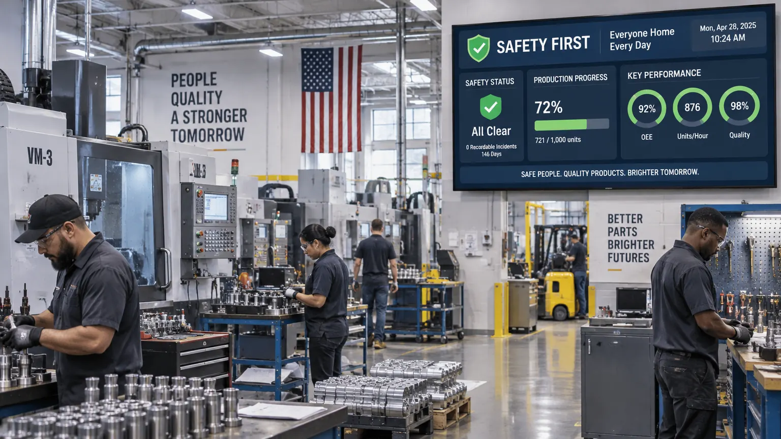 Manufacturing floor digital signage showing safety status and live production KPIs