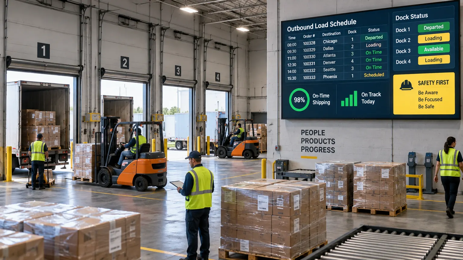 Warehouse digital signage showing outbound load schedules, dock status, and shipping performance