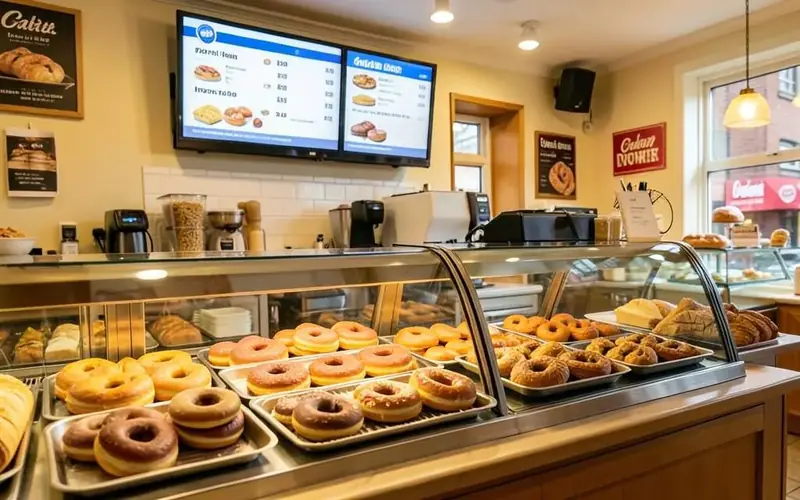 Bakery and donut shop counter with trays of donuts and a digital menu screen listing baked goods and prices