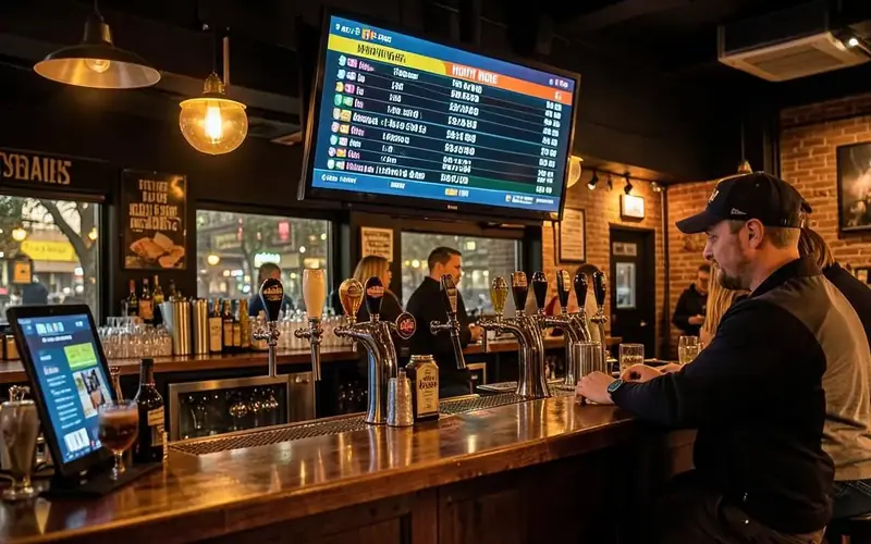 Brewery taproom bar with beer taps and a digital screen showing the tap list and happy hour prices