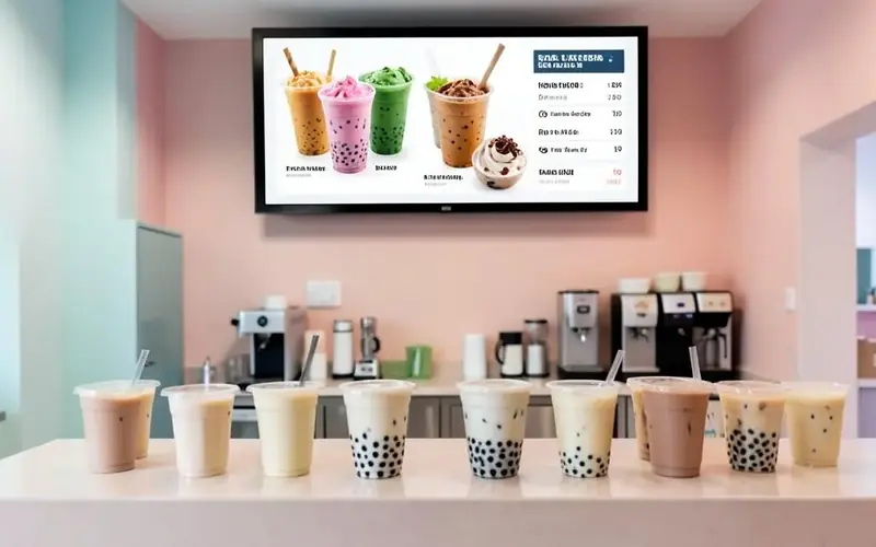 Bubble tea shop counter with boba drinks and a digital menu screen showing milk teas and topping options