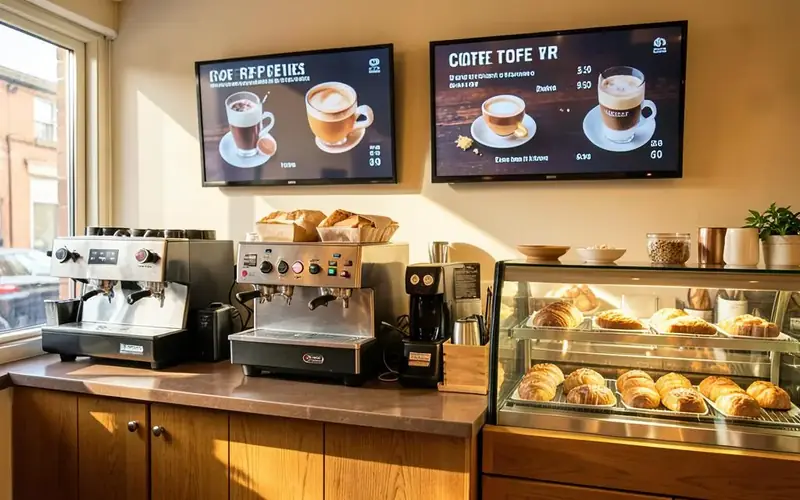 Coffee shop counter with espresso machines and two digital menu screens listing coffee drinks and prices