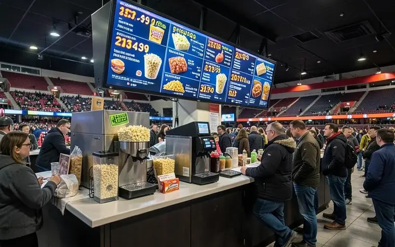 Stadium concession stand with popcorn machine and a large digital menu screen showing snack prices
