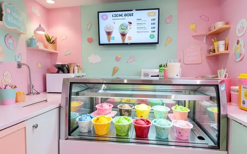 Ice cream parlour display case with colourful tubs and a digital menu screen listing flavours and cone prices