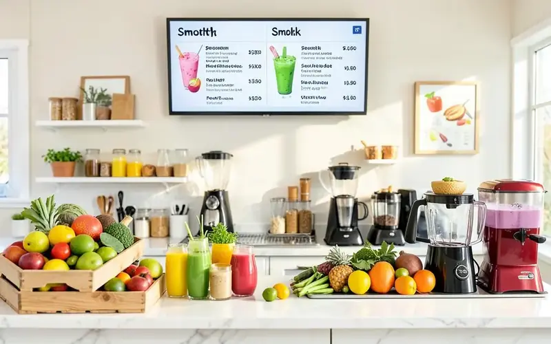 Juice and smoothie bar counter with fresh fruit and a digital menu screen listing smoothies with ingredients and prices