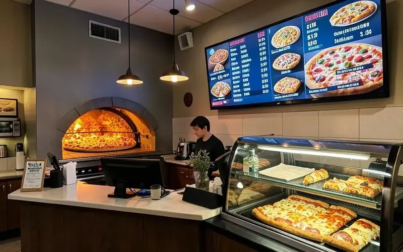 Pizzeria counter with wood-fired oven and a digital menu board showing pizza sizes, toppings and prices