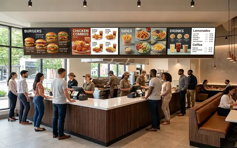 Quick-service restaurant order counter with digital menu boards showing combo meals and prices