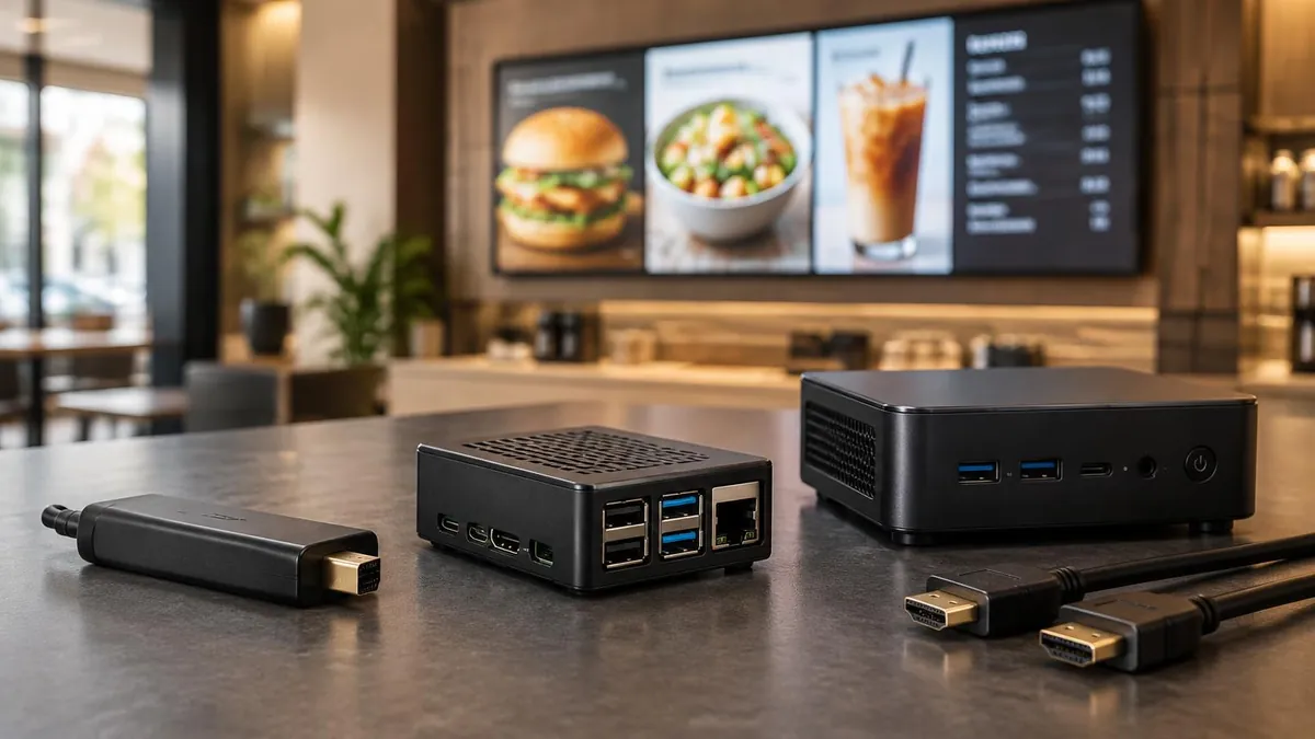 Digital signage players compared: HDMI stick, Raspberry Pi and mini PC in front of a cafe menu board display