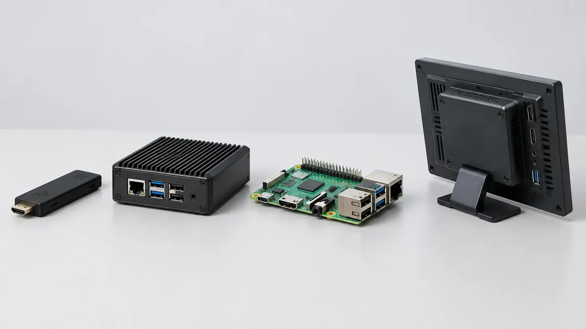 Illustration of an HDMI stick, mini PC, Raspberry Pi-style board and commercial display