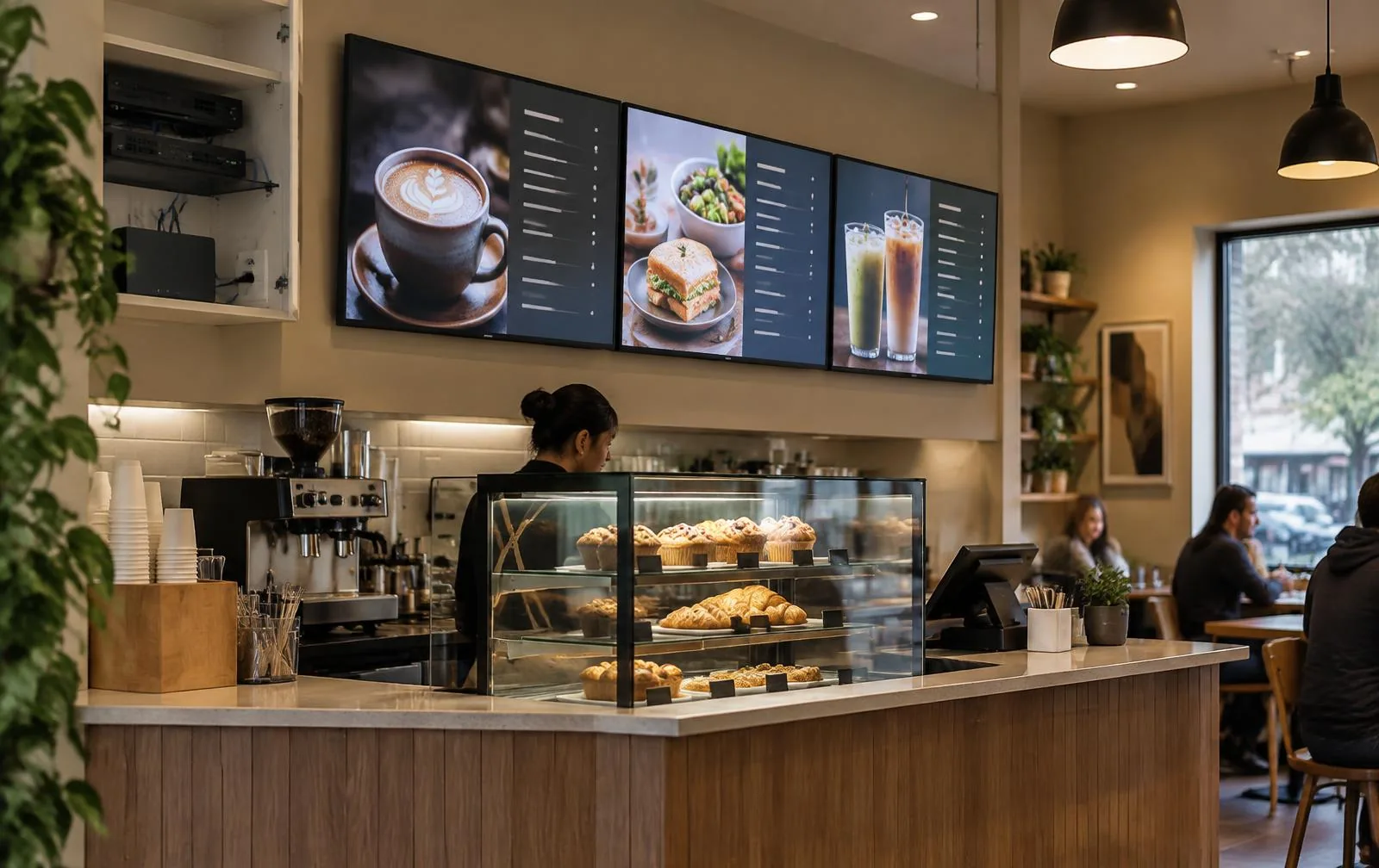 Multi-screen Raspberry Pi digital signage deployment showing menus and information displays